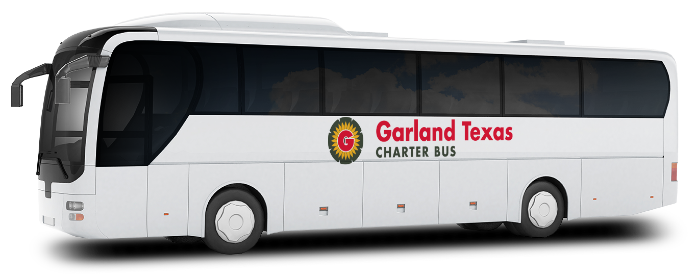 a plain white charter bus with a Garland Texas charter bus rentals logo on it